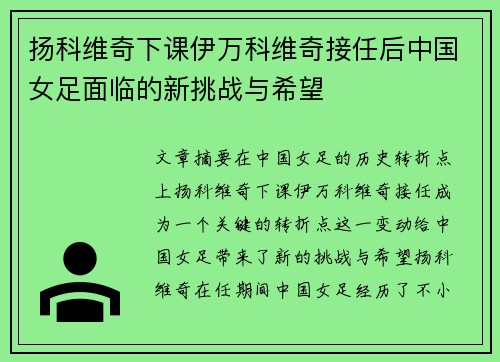 扬科维奇下课伊万科维奇接任后中国女足面临的新挑战与希望